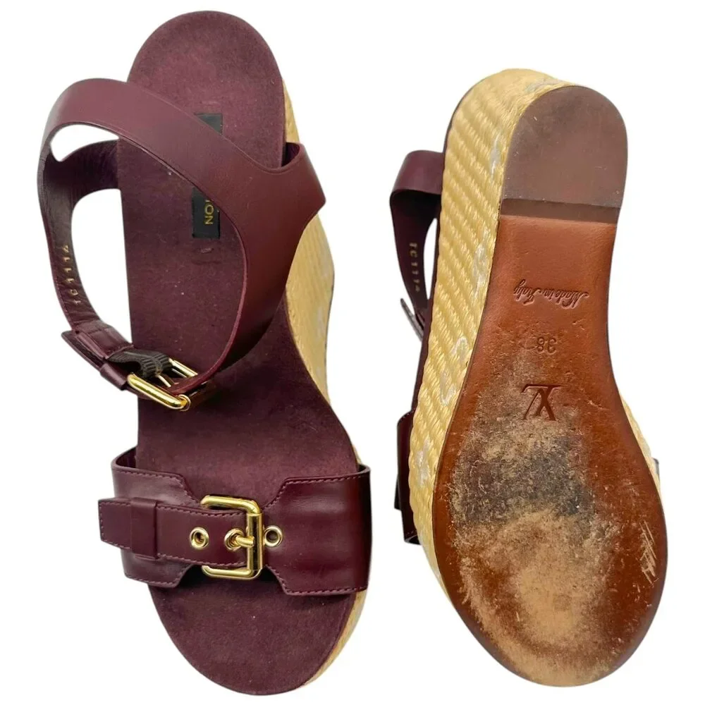 Louis Vuitton Raffia Logo & Burgundy Leather Platform Wedge Sandals - Picture 3 of 10
